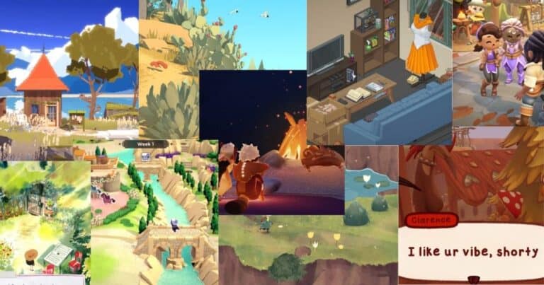 A collage of various screenshots from different cozy video games, showing diverse settings, characters, and activities such as dressing, gardening, and conversations.