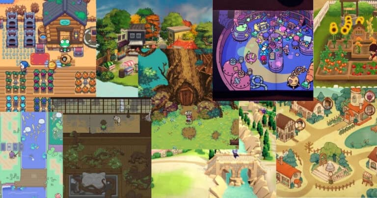 A collage of colorful video game scenes featuring village landscapes, anthropomorphic animals, interiors, and outdoor environments.