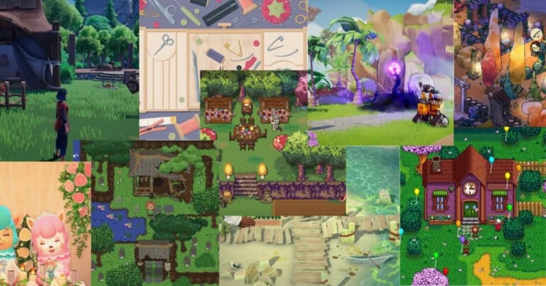 A collage of colorful scenes from various video games, featuring outdoor landscapes, crafting tools, characters, cottages, and detailed nature settings.