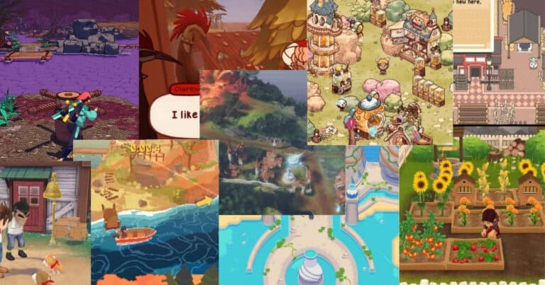 A collage of various video game scenes featuring colorful environments, characters, farms, towns, and nature-themed landscapes in different art styles.