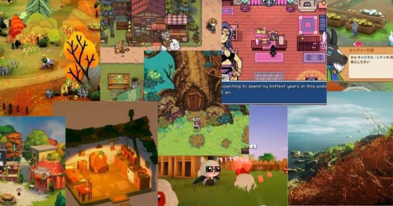 A collage of various video game scenes, featuring colorful landscapes, animated characters, interiors, and nature settings from different games.