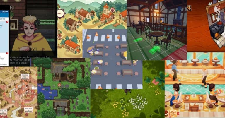 A collage of screenshots from various restaurant and café-themed video games, showing characters, dining areas, and village settings with bright, colorful art styles.