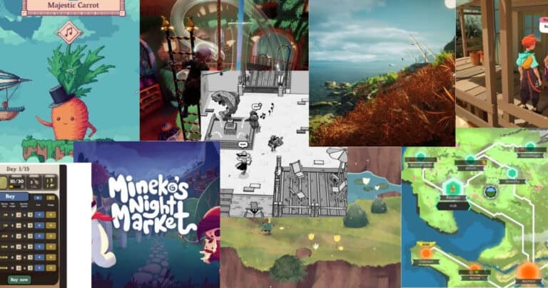 A collage of various farming and life simulation video game screenshots, featuring landscapes, characters, maps, menus, and a "Majestic Carrot.