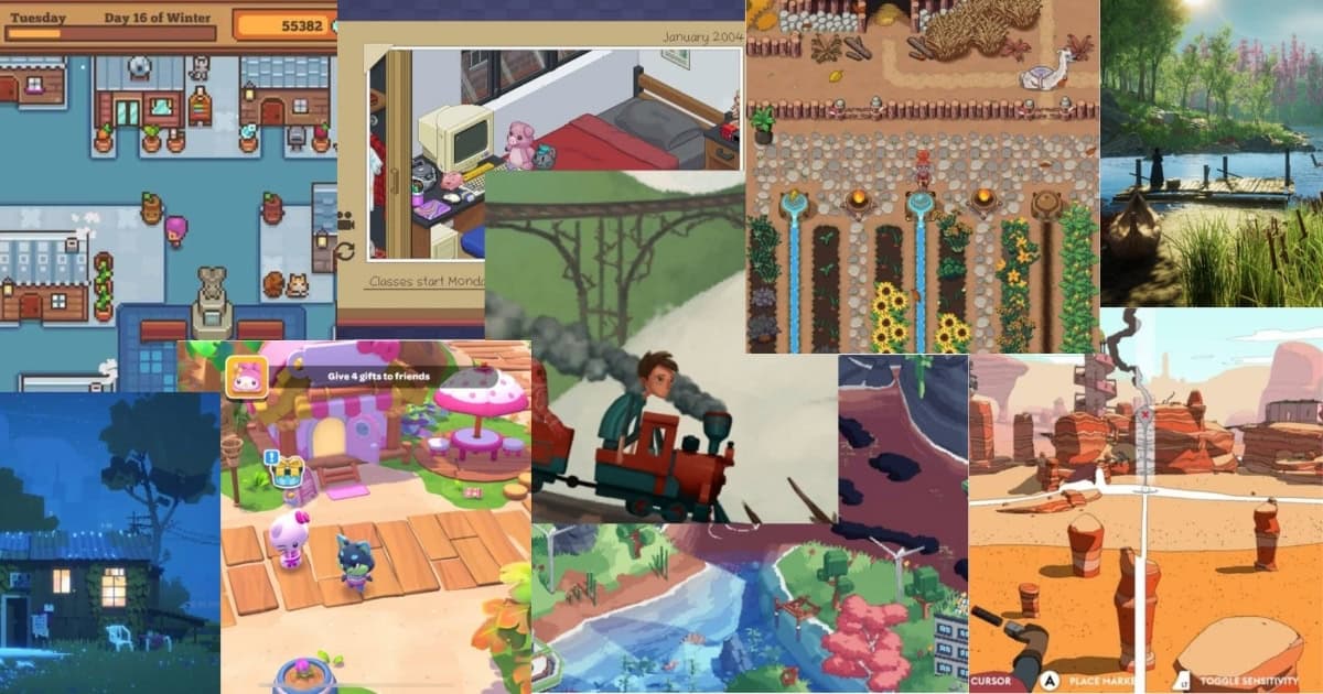 A collage of colorful scenes from various cozy video games, featuring farming, houses, nature, and cartoon characters in different environments and perspectives.