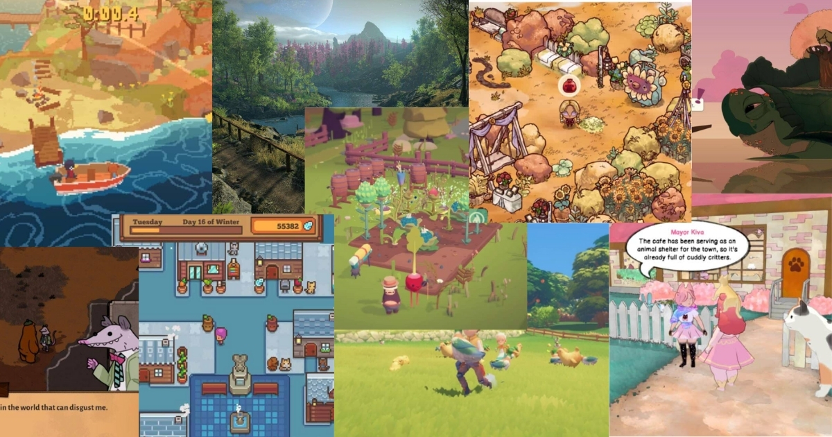 A collage of colorful screenshots from various cozy video games, featuring nature scenes, animals, farming, market stalls, and cartoon-style characters interacting in friendly environments.