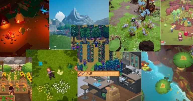 A collage of colorful video game scenes showing camping, mountains, farming, gardening, fishing, beekeeping, a kitchen, and a person lying on grass.