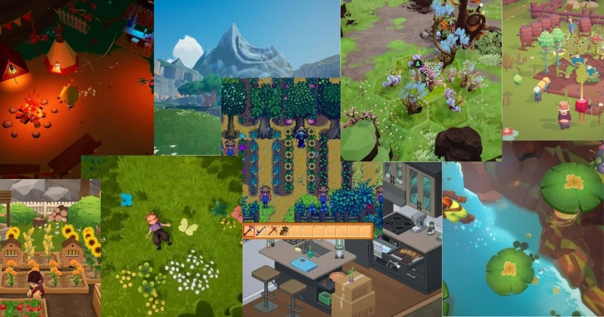A collage of colorful video game scenes showing camping, mountains, farming, gardening, fishing, beekeeping, a kitchen, and a person lying on grass.