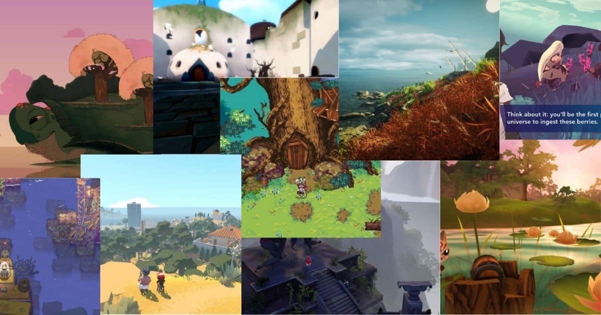A collage of colorful video game landscapes featuring forests, mountains, buildings, beaches, gardens, and cartoon-like fantasy scenes.
