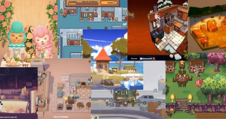A collage of various cozy video game scenes, including cafes, restaurants, and outdoor dining areas, depicted in colorful and whimsical art styles.
