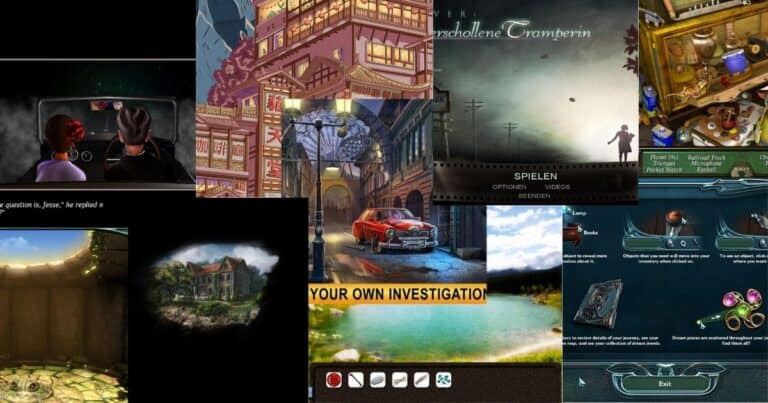 A collage of various point-and-click adventure game scenes, featuring characters, dialogue boxes, puzzle elements, and different environments.