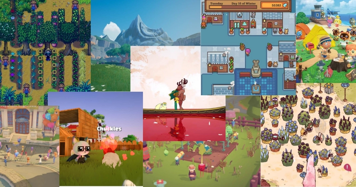 A collage of colorful screenshots from various farming and life simulation video games, featuring crops, animals, buildings, and cartoon-style characters.