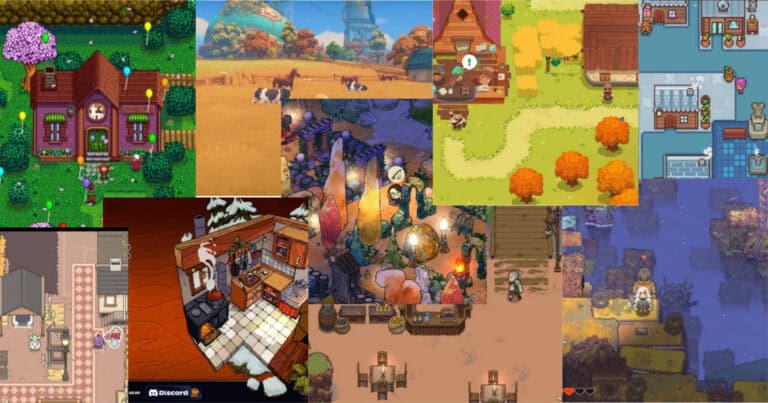 A collage of various pixel art game scenes featuring houses, fields, animals, and village environments in different seasons.