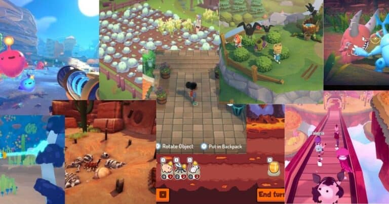 A collage of colorful, cartoon-style farming and life simulation video game scenes, featuring characters, animals, crops, and various outdoor environments.