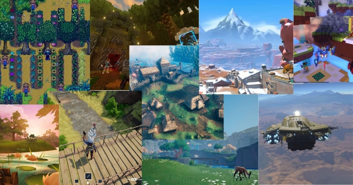A collage of various video game landscapes, including farms, castles, forests, mountains, floating islands, spaceships, and open fields with animals.