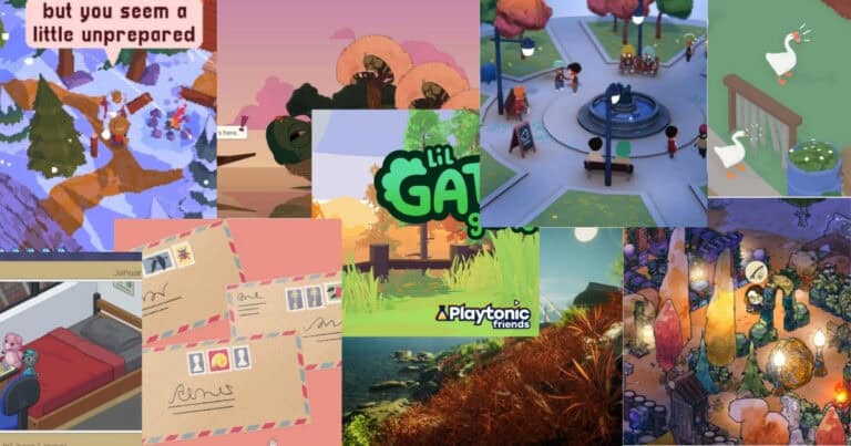 A collage of various colorful cartoon-style video game scenes, including characters, animals, letters, outdoor settings, and the "Lil Gator" game logo.
