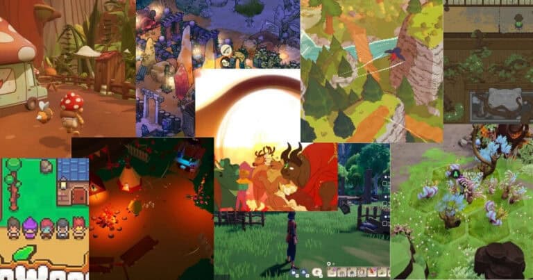 A collage of colorful video game screenshots featuring various characters, landscapes, buildings, and activities in different artistic styles.