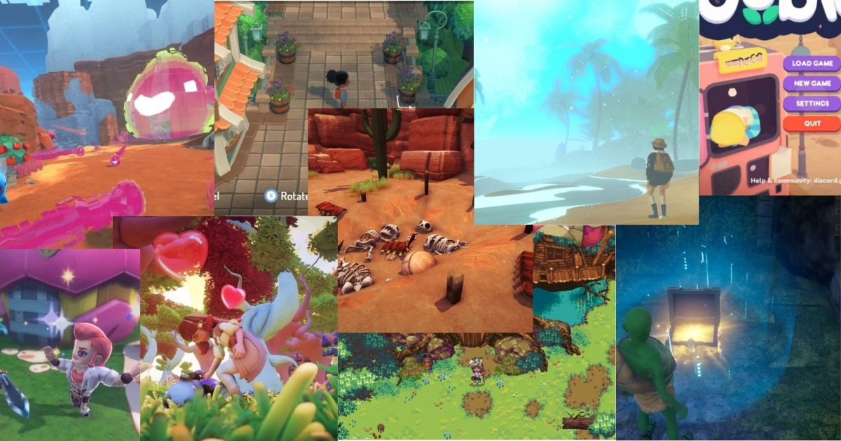 A collage of colorful video game scenes featuring characters, natural landscapes, animals, buildings, and game menus from various life simulation and adventure games.