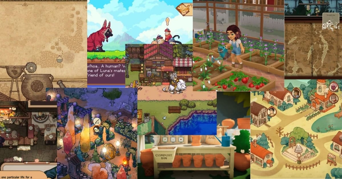 A collage of colorful, pixel-art and hand-drawn farming and village scenes from various video games, featuring crops, animals, and characters interacting in rural settings.