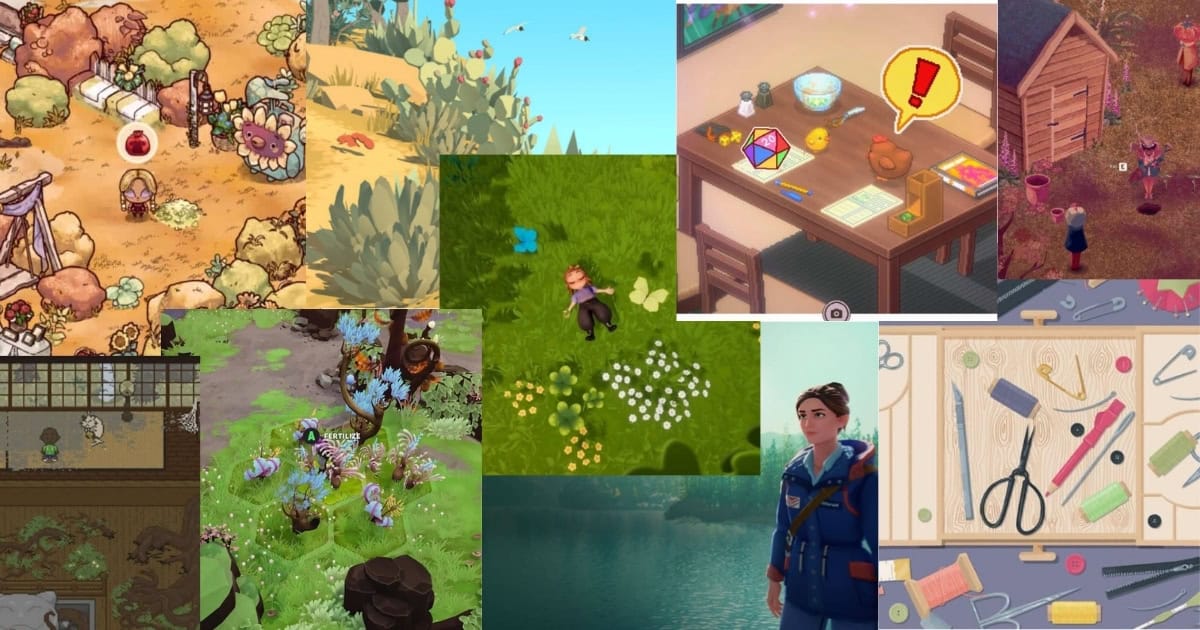 A collage of various cozy game scenes, showing characters, crafting tables, outdoor nature settings, and art supplies in bright, colorful illustrations.