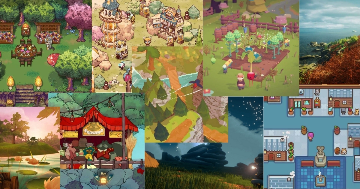 A collage of scenes from various video games, featuring pixel art villages, farming, outdoor landscapes, forests, and cozy indoor settings.