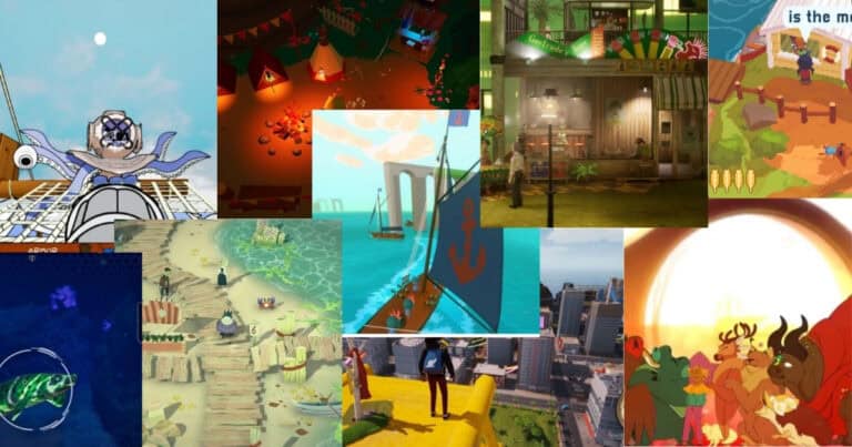 A collage of various colorful video game scenes, featuring boats, markets, animals, festivals, cityscapes, beaches, and campfires from a top-down and third-person perspective.