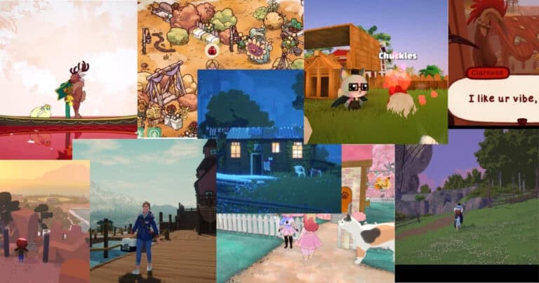 A collage of various cozy video game scenes featuring colorful landscapes, animal characters, farming, and exploring.