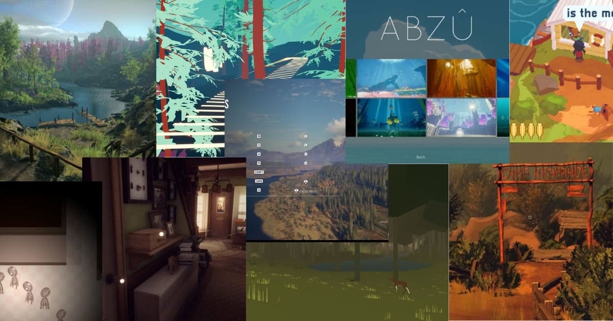 A collage of video game screenshots, featuring various natural and indoor environments, game menus, and stylized title screens.