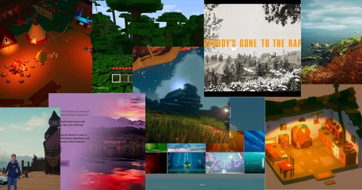 A collage of various video game environments, including forests, coastal landscapes, city scenes, and indoor rooms, shown in different art styles and color palettes.