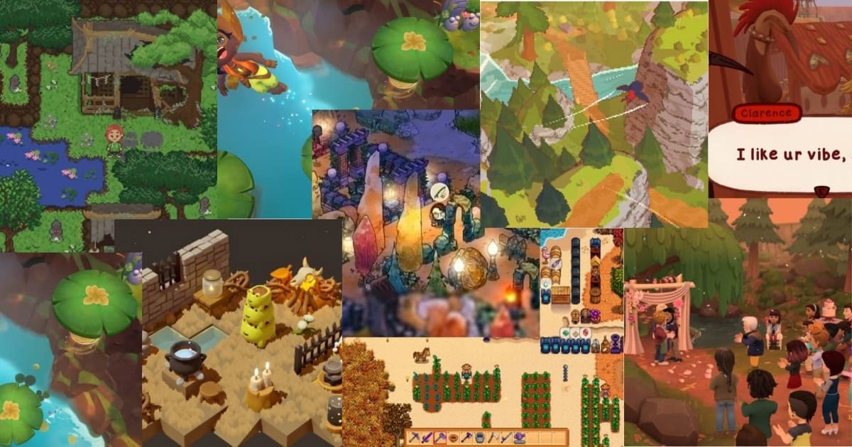 Collage of various farming and simulation video game scenes, including outdoor landscapes, gardens, interiors, social gatherings, and pixel art-style graphics.