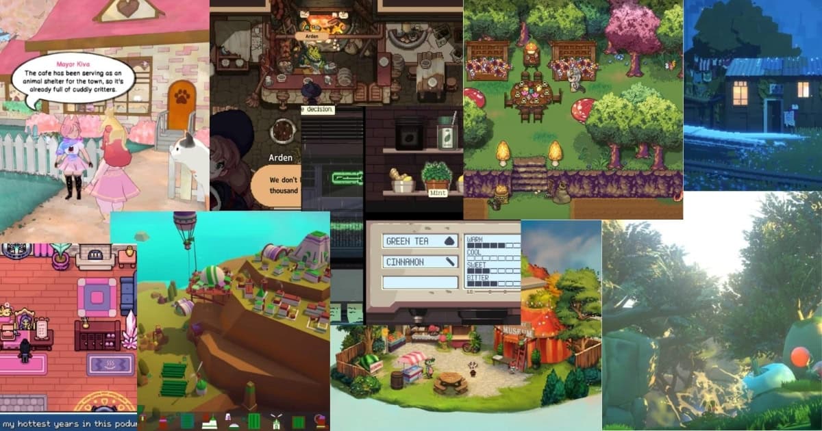A collage of colorful video game scenes featuring characters, dialogue boxes, shops, outdoor settings, and various stylized landscapes.