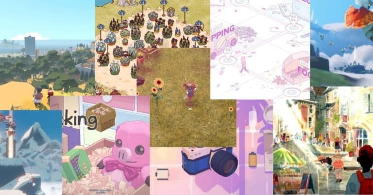 A collage of various colorful and whimsical video game scenes, featuring landscapes, characters, and market or city environments.