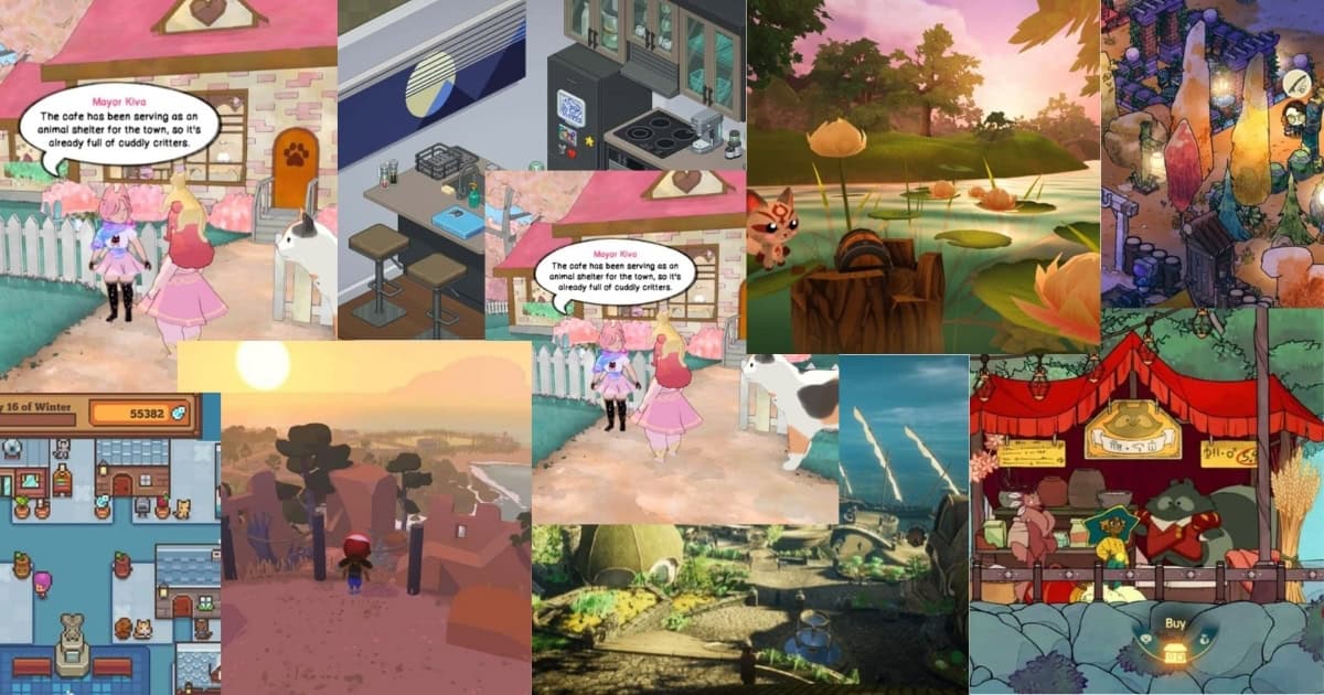 A collage of various cozy game scenes, featuring characters interacting, nature landscapes, a kitchen, market stalls, and a sunset over a pixel art town.