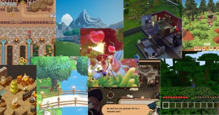 A collage of various farming and life simulation video game scenes, including crops, animals, houses, nature, and character interactions.