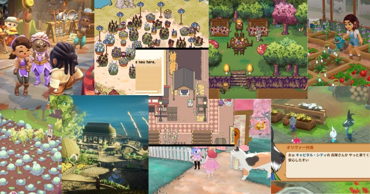 A collage of various farming simulation games showing animated characters, crops, animals, gardens, and village scenes in colorful, stylized graphics.
