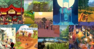 Collage of colorful scenes from various indie video games, depicting different characters, landscapes, and artistic styles.