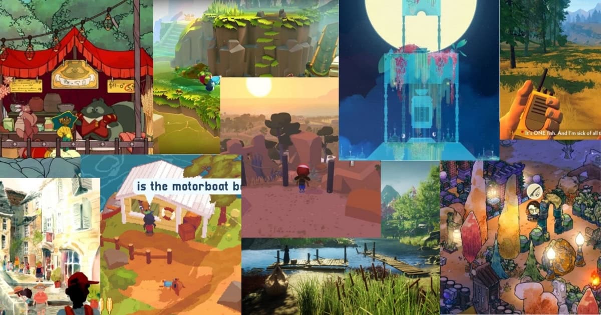 Collage of colorful scenes from various indie video games, depicting different characters, landscapes, and artistic styles.