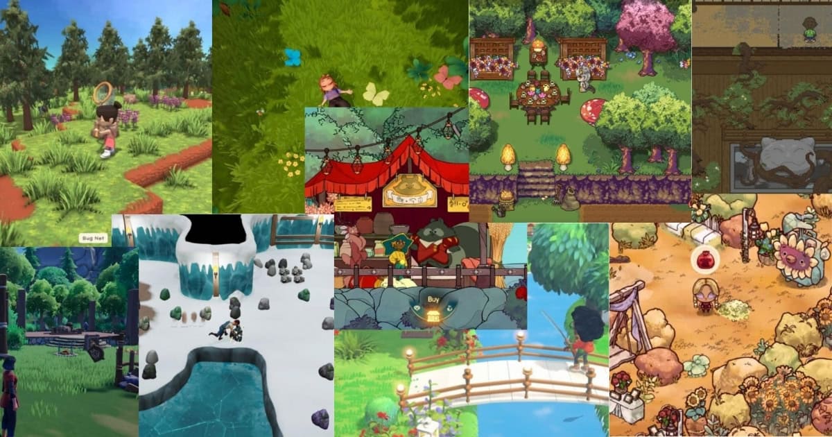 A collage of various cozy game scenes featuring characters exploring forests, marketplaces, snowy landscapes, and village settings from an overhead or isometric perspective.