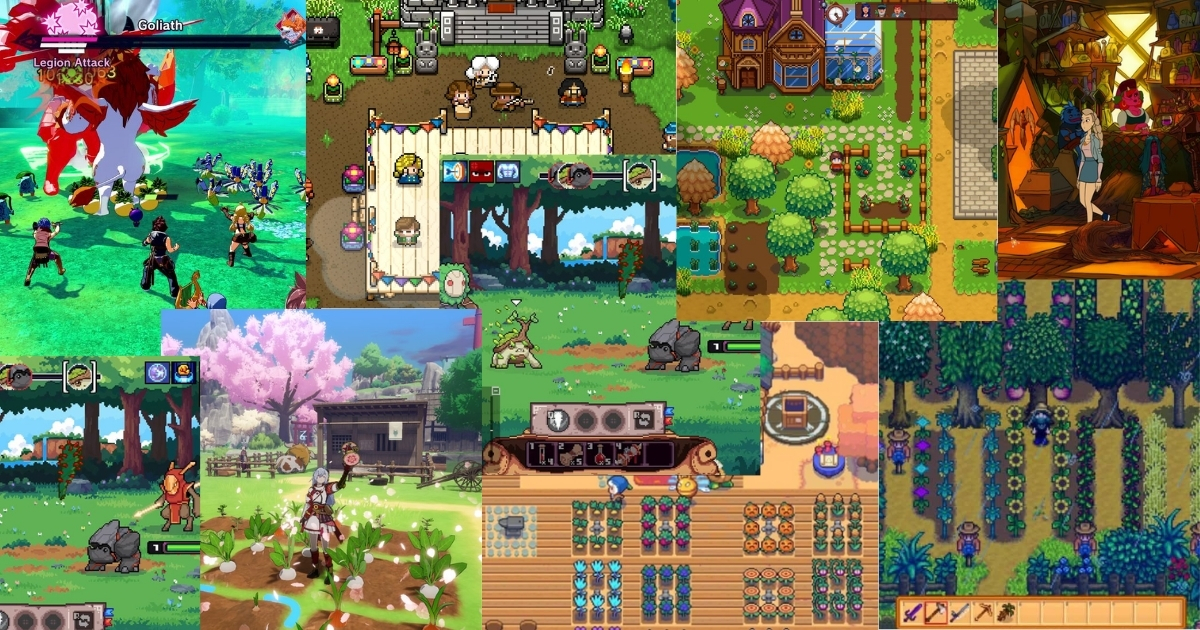 A collage of pixel art farming and adventure game scenes, featuring characters, crops, animals, and colorful outdoor environments in top-down and side-scrolling views.