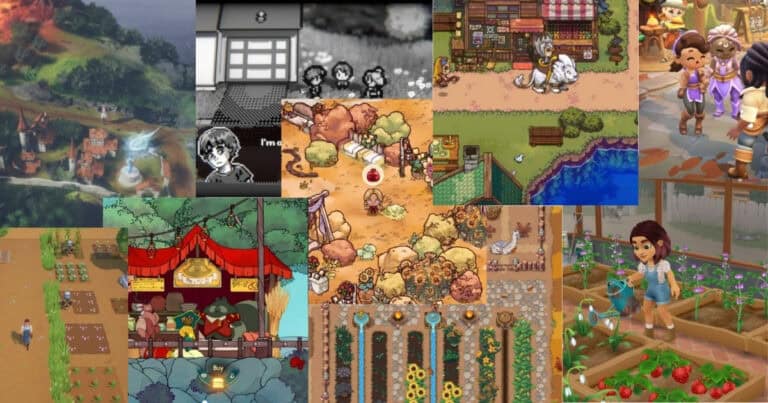 A collage of various farming and life simulation video game scenes, showing characters, crops, shops, animals, and different art styles.