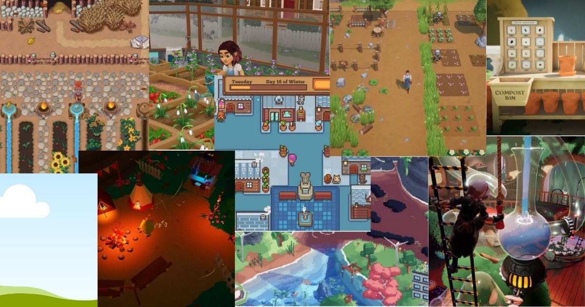 A collage of various farming and crafting video game scenes, including planting crops, tending animals, managing resources, and character interactions in colorful environments.