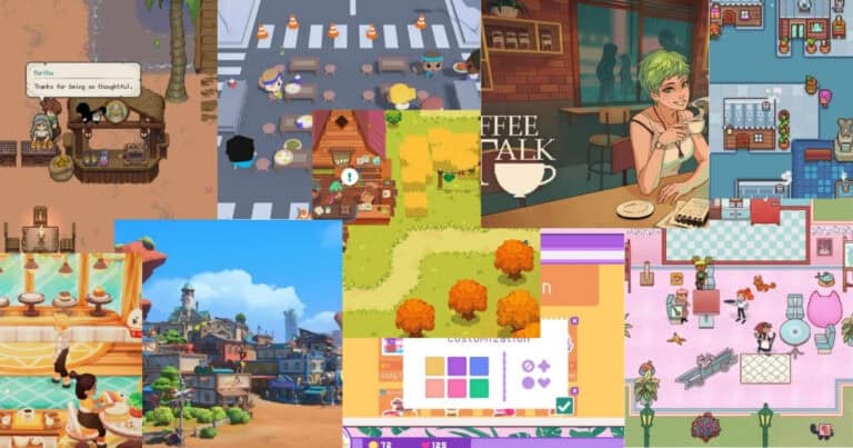 A collage of colorful scenes from various cozy video games, featuring characters in cafes, markets, streets, and customizable environments.