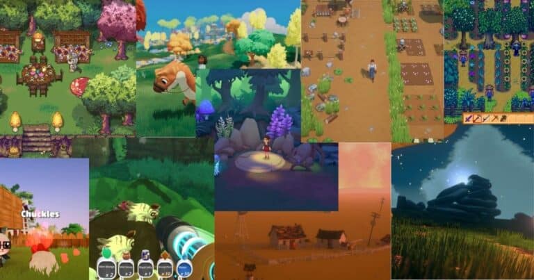 A collage of various farming and simulation video game scenes, featuring crop fields, animals, characters, and diverse landscapes in colorful, animated styles.