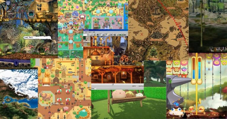 A collage of various video game screenshots featuring maps, fantasy landscapes, colorful game interfaces, and animated characters in different settings.