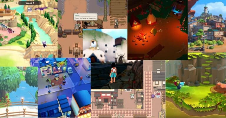 A collage of colorful video game scenes, featuring various landscapes, buildings, characters, and environments from different games.