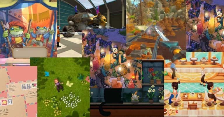 A collage of various colorful video game scenes featuring cartoon turtles, robots, nature, letters, cafes, and characters in different settings.