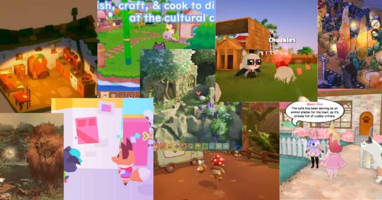 A collage of various cozy and colorful scenes from different life simulation and farming video games featuring animals, characters, and nature settings.