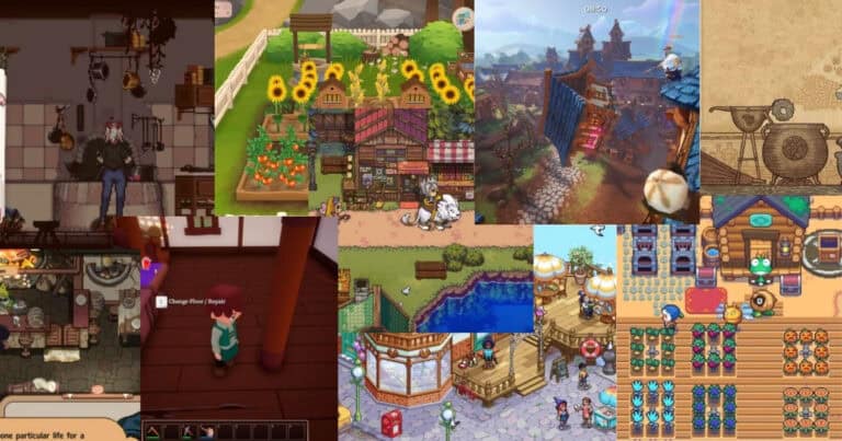 A collage of various video game scenes including farming, gardening, interior rooms, fishing, markets, and a medieval town, all depicted in colorful, pixel art and stylized graphics.
