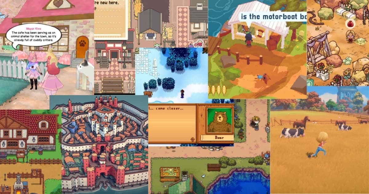 A collage of various pixel art and illustrated farming and village simulation game scenes, including characters, buildings, animals, and landscapes.