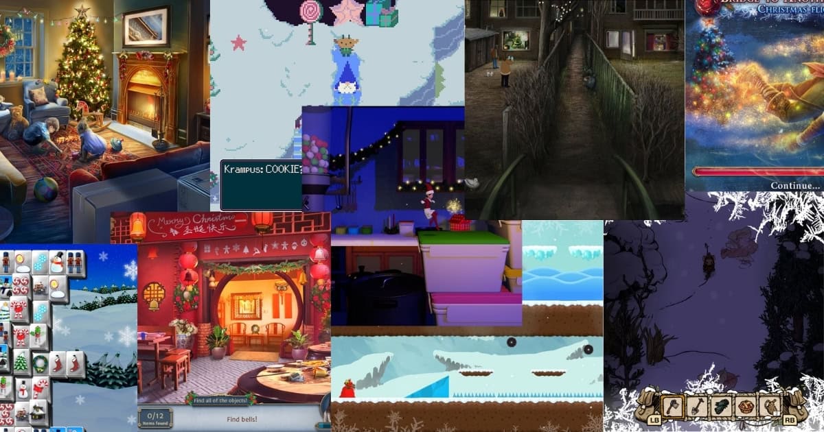 A collage of various Christmas and winter-themed scenes from different video games, featuring festive decorations, snowy landscapes, and holiday elements.