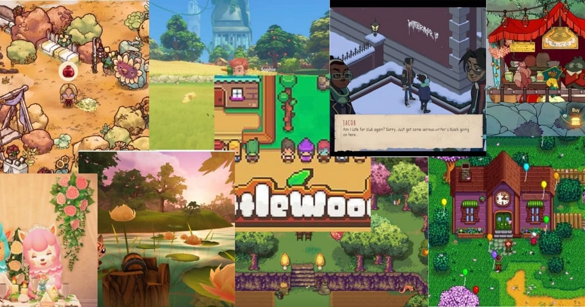 Collage of colorful, cozy video game scenes featuring pixel art landscapes, characters, nature, houses, and a shop interface.